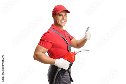 Gas station worker with a fuel gun gesturing thumbs up photo