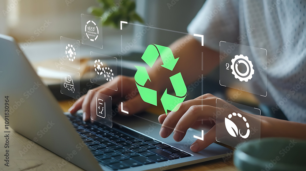 Naklejka premium a person typing on a laptop, with a digital overlay displaying a prominent green recycling symbol and several icons representing sustainability and environmental practices