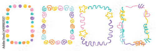 Crayon kids frame set with flowers, hearts, stars. Children hand drawn ornament. Doodle decorated border. Baby scribbles for your design, school or kindergarten photos. Vector illustration 