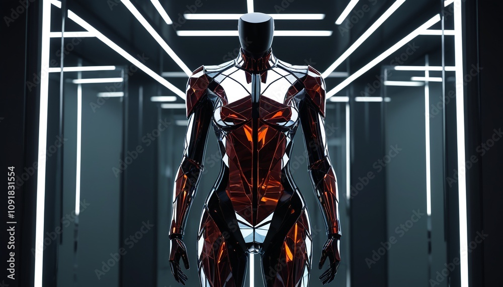 Obraz premium A futuristic suit made of reflective mirror shards, arranged in geometric patterns to create a sharp, edgy look, displayed on a hanger, Generative AI