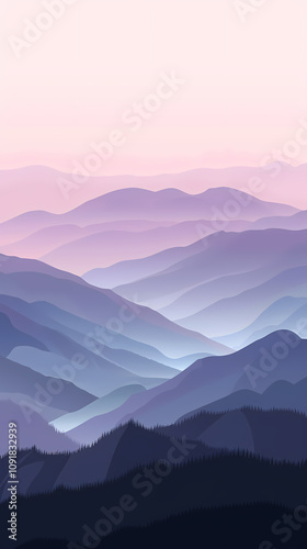 An enchanting gradient of layered mountains in soft hues of purple and pink, creating a serene and dreamy atmosphere.