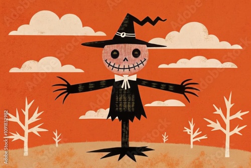 Cheerful scarecrow standing proudly in a golden cornfield under a vibrant autumn sunset