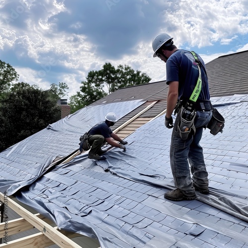 Two skilled roofers work together to install zinc roofing on a residential house. The clear blue sky and bright sunlight highlight their professional effort and teamwork