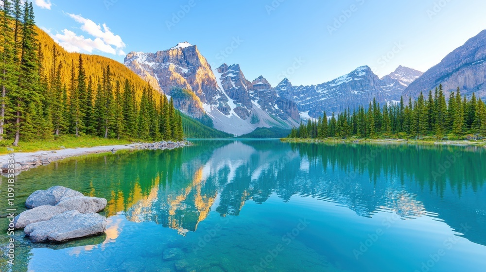 Obraz premium Mountain Lake with Snow-Capped Peaks Reflected in Sunrise Glow