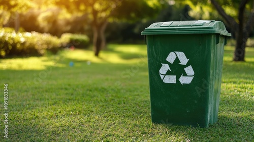 Green recycling bin in lush park, sunlight
