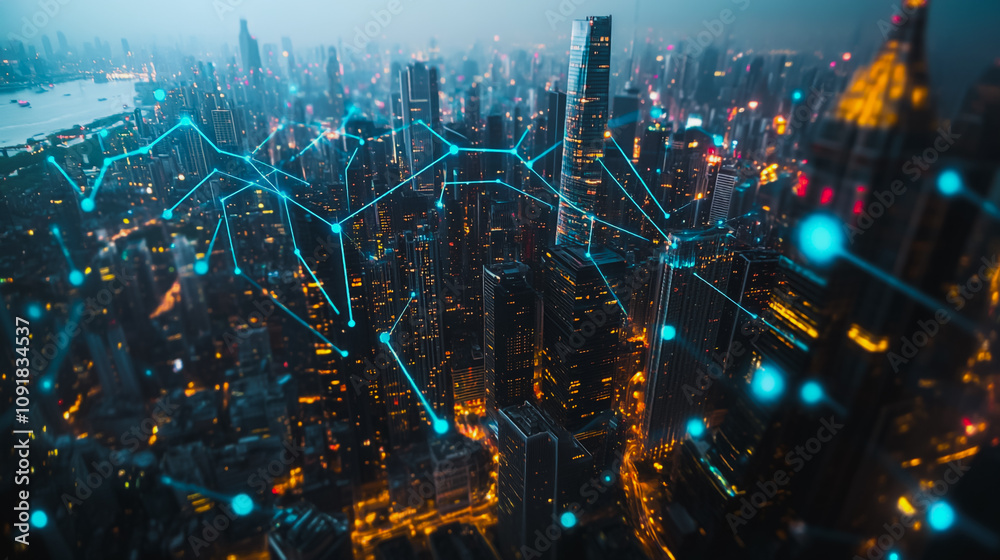 Obraz premium Smart digital Innovation Business skyscrapers in the Financial District with connection network reciprocity over the cityscape. of future smart wireless digital city and social media networking