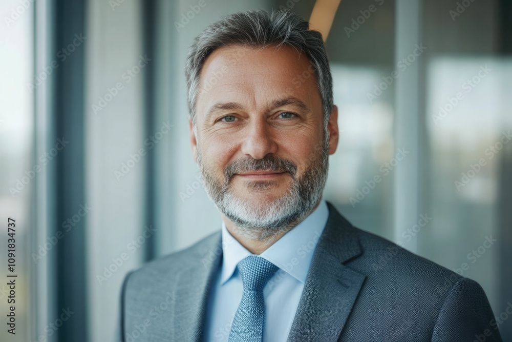Fototapeta premium Close-up headshot Confident European mature, good looking middle aged leader, male businessman CEO on blurred office background. Handsome senior European businessman smiling at camera