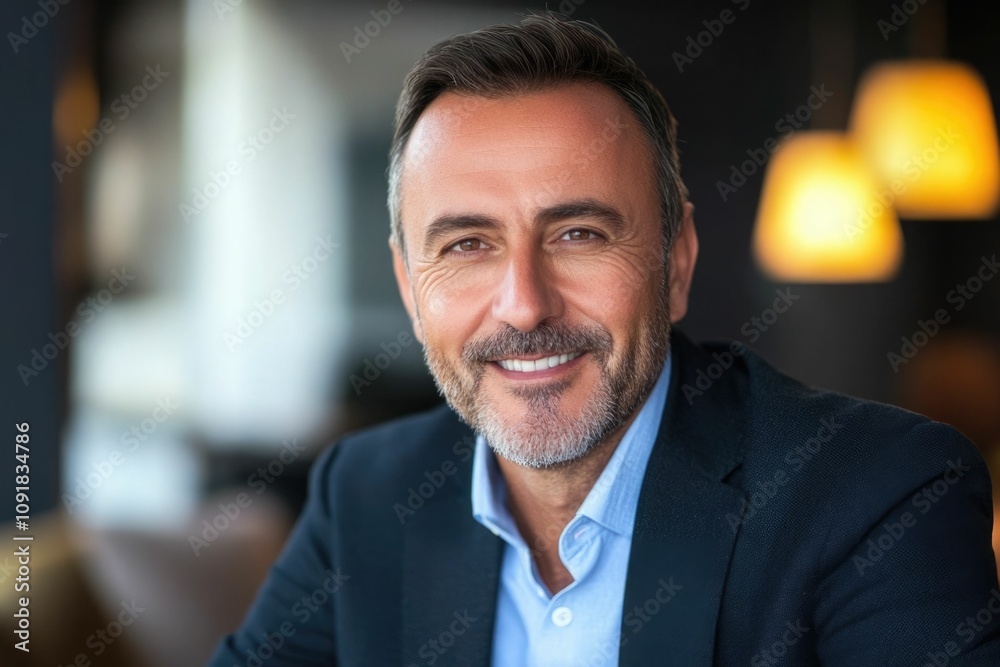 Fototapeta premium Close-up headshot Confident European mature, good looking middle aged leader, male businessman CEO on blurred office background. Handsome senior European businessman smiling at camera