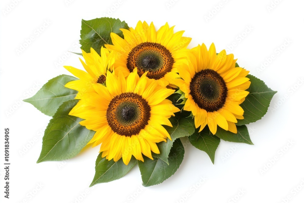 Obraz premium Three vibrant sunflowers with leaves arranged in a circular pattern on a white background.