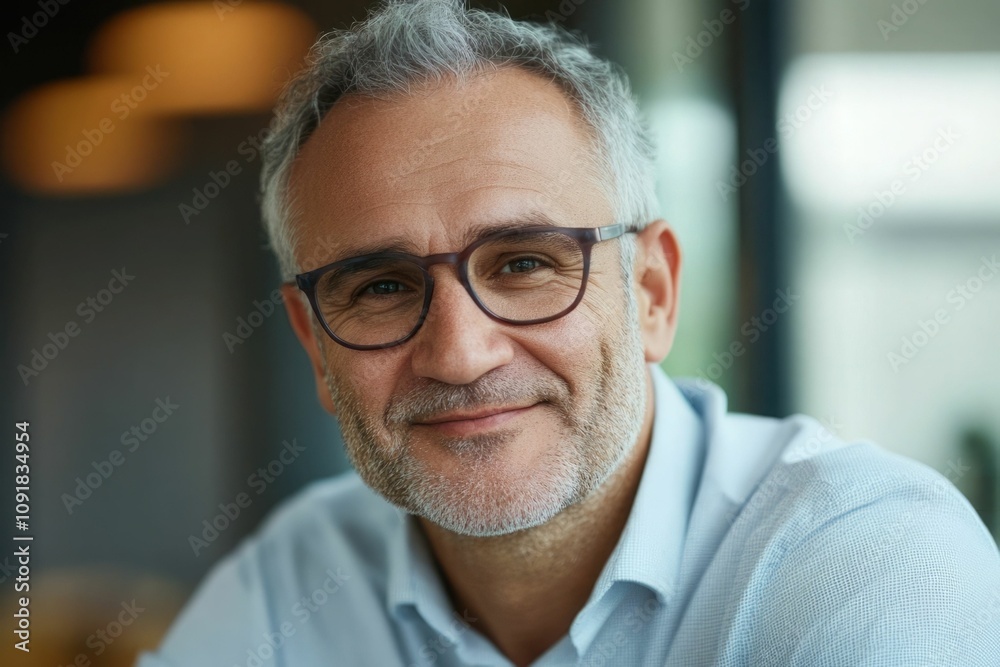 Close-up headshot Confident European mature, good looking middle aged leader, male businessman CEO on blurred office background. Handsome senior European businessman smiling at camera Close-up headshot Confident European mature, good looking middle aged leader, male businessman CEO on blurred office background. Handsome senior European businessman smiling at camera