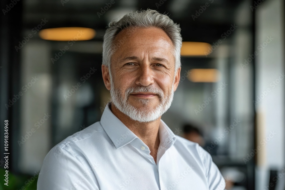 Close-up headshot Confident European mature, good looking middle aged leader, male businessman CEO on blurred office background. Handsome senior European businessman smiling at camera