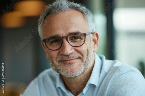 Close-up headshot Confident European mature, good looking middle aged leader, male businessman CEO on blurred office background. Handsome senior European businessman smiling at camera