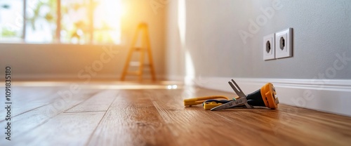 Tools on hardwood floor near electrical outlets in new home.