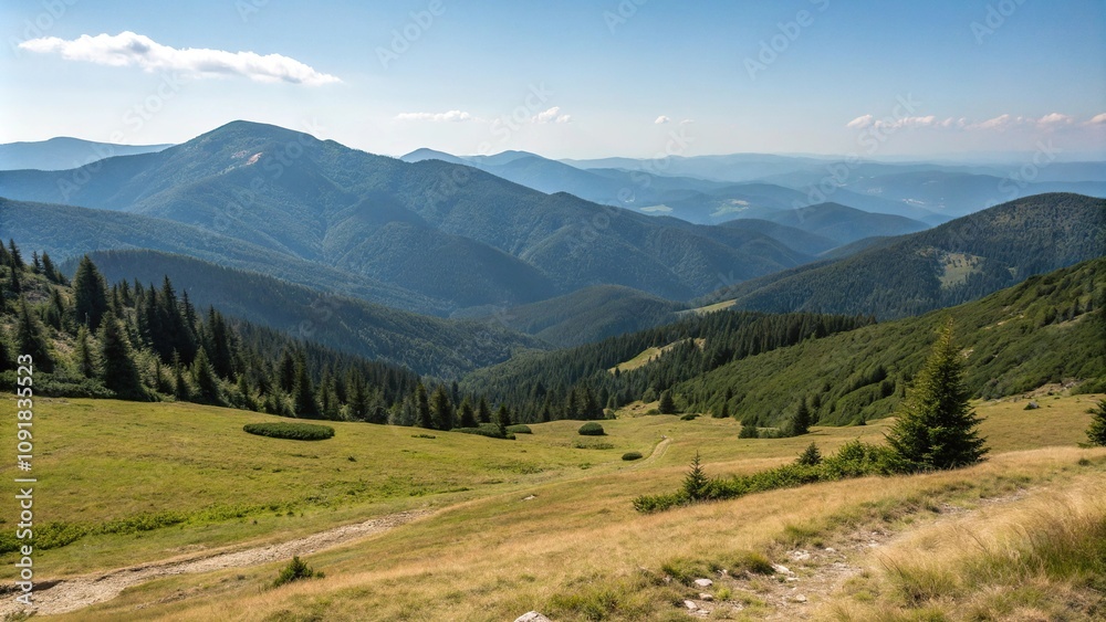 Obraz premium Mountainous terrain of the Ukrainian Carpathian Mountains under a clear blue sky, scenery, panoramic, view