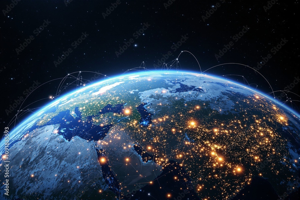 Obraz premium Glowing Earth at Night with Network Connectivity Lines