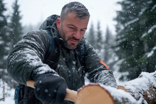 A man laboriously chops wood in a frosty forest, surrounded by tranquil snowy trees, emphasizing hard work and the beauty of winter's harshness. photo