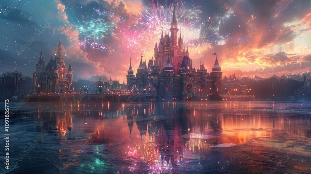 Fototapeta premium A magical castle illuminated by fireworks at sunset.