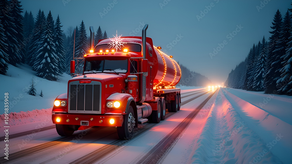 Christmas truck decorated with holiday lights on a snowy evening road Christmas truck decorated with holiday lights on a snowy evening road