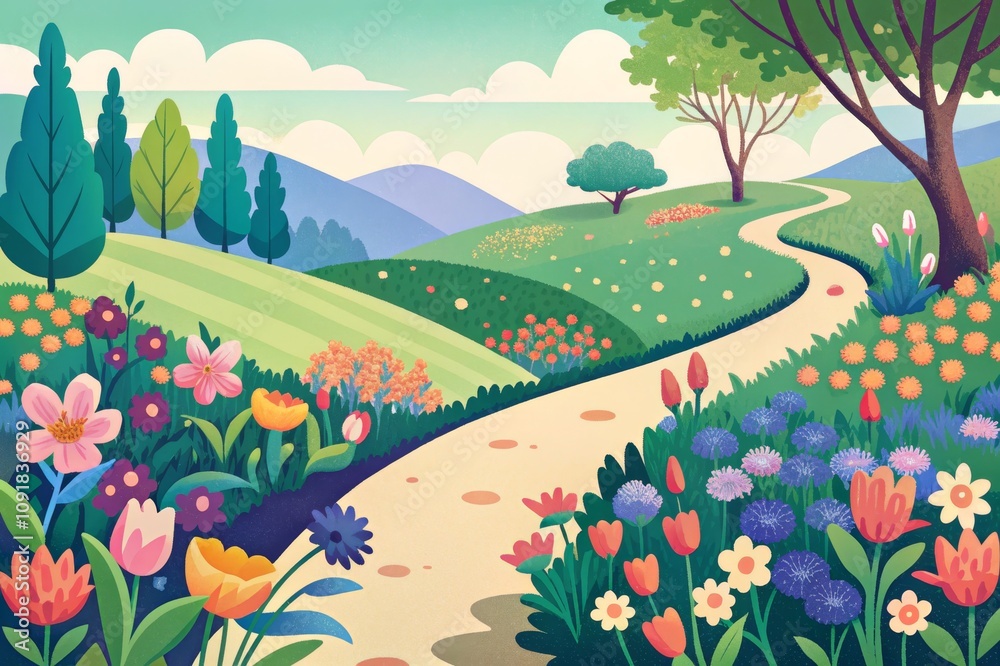 Naklejka premium A serene pathway through a vibrant flowering meadow under a bright blue sky