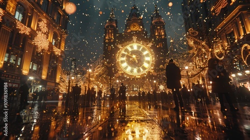 City square at night with a large clock and festive lights.