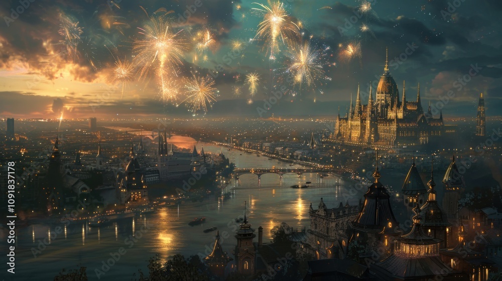 Obraz premium A vibrant cityscape at dusk, illuminated by fireworks and reflections.