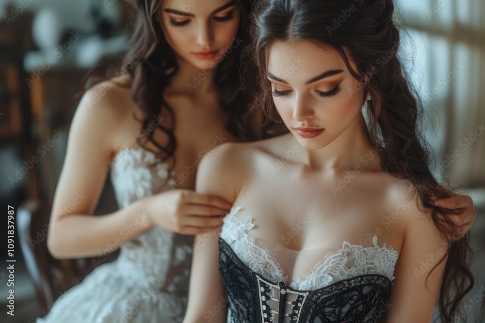 Naklejka premium Bridesmaid helping bride fasten corset of wedding dress