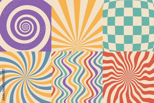 Psychedelic retro abstract backgrounds 70s style set. Vintage spiral distorted ray patterns.