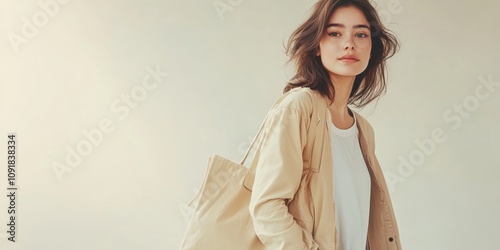 Young woman in a beige jacket and white t-shirt, looking over her shoulder.