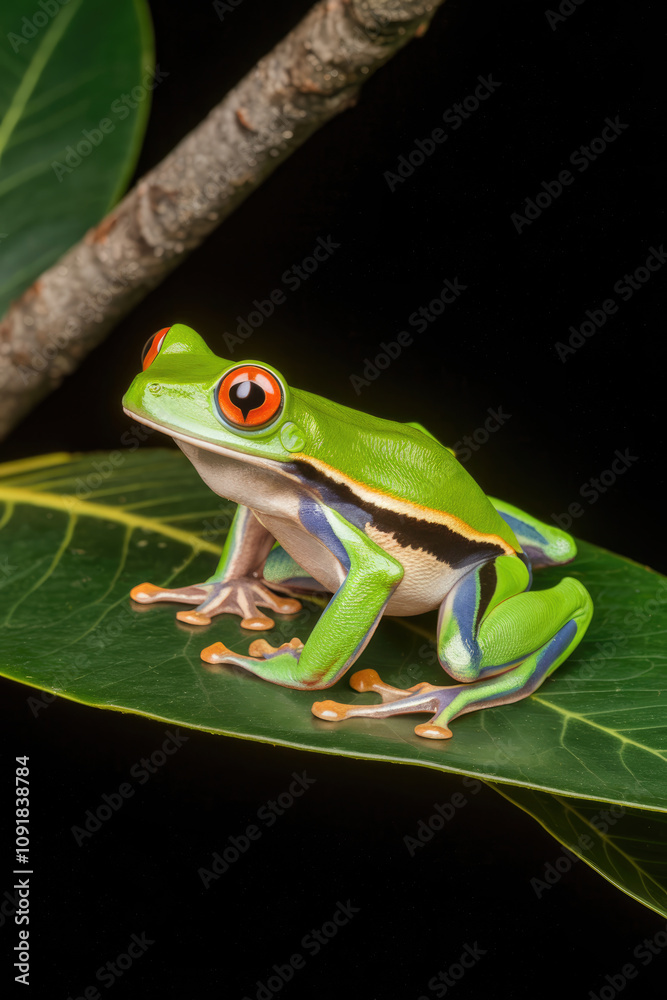 Naklejka premium A small green frog with red eyes is sitting on a leaf. The frog is perched on a leaf, looking up at the camera. The leaf is green and has a few veins visible. The frog appears to be resting