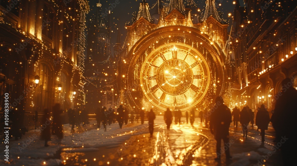 Obraz premium A magical street scene featuring a glowing clock amidst a snowy backdrop.