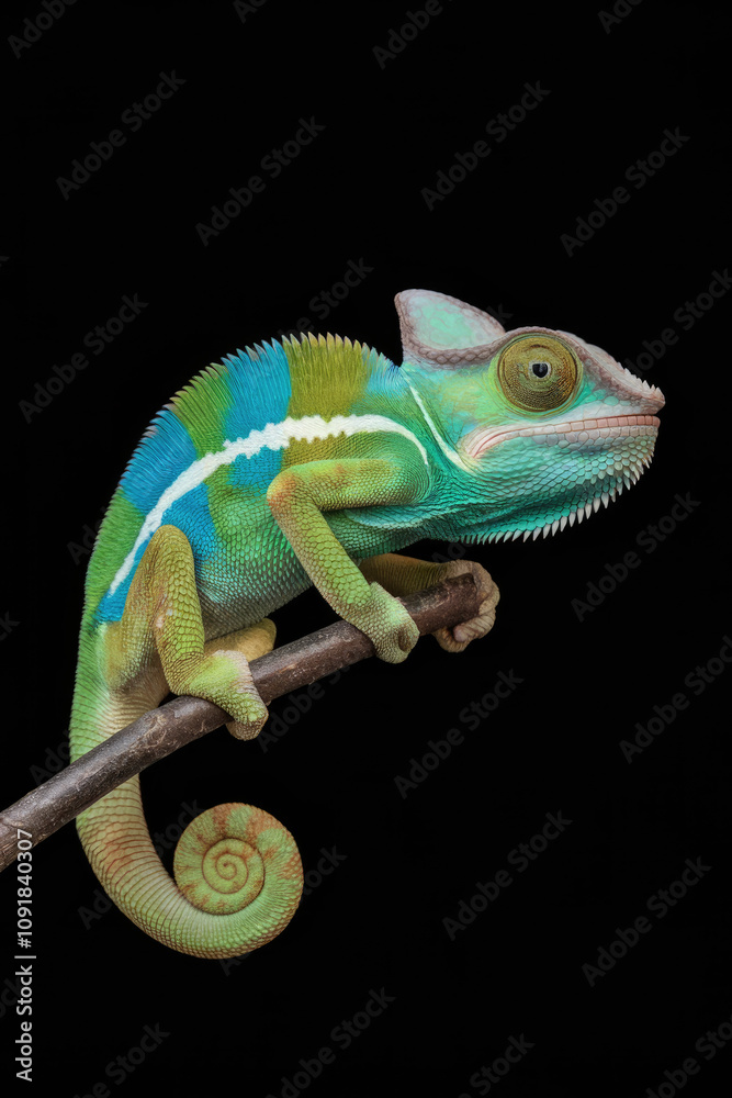 Obraz premium A green and blue chameleon is perched on a branch. The chameleon is looking at the camera. Black background