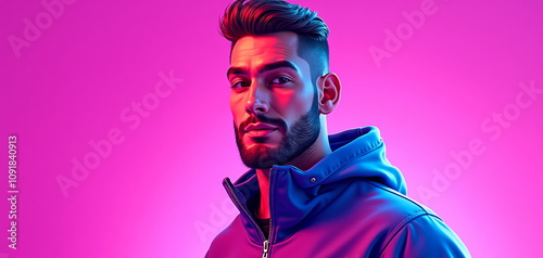 Man with styled hair in neon-lit portrait