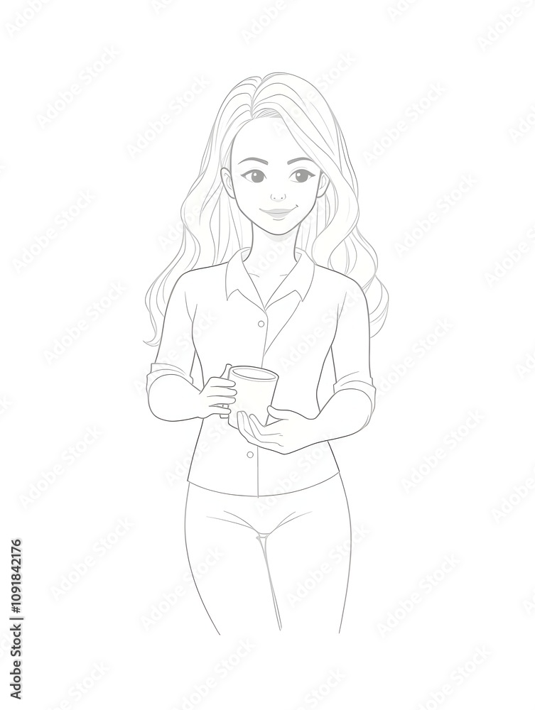 Coffee break office worker woman phone scrolling app feed black and white 2D line character. Blonde female employee mug holding isolated outline person. Monochromatic spot illustration Coffee break office worker woman phone scrolling app feed black and white 2D line character. Blonde female employee mug holding isolated outline person. Monochromatic spot illustration