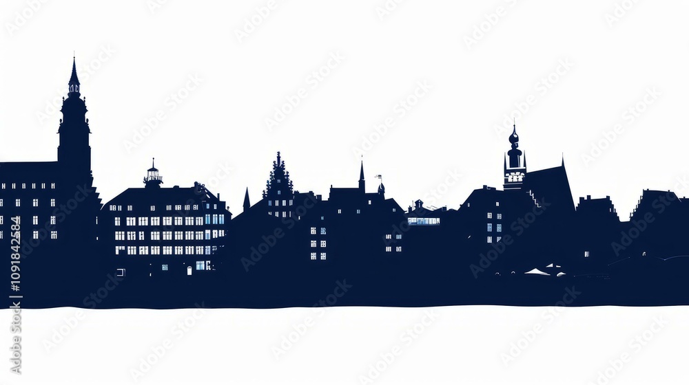 Fototapeta premium Silhouette of Basel skyline in navy blue against white background, cityscape outline with historic architecture