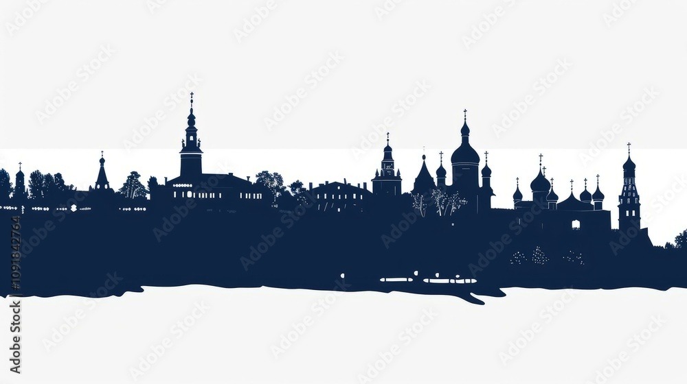 Naklejka premium Nizhny Novgorod cityscape silhouette featuring historic architecture and trees, ideal for travel and tourism concepts