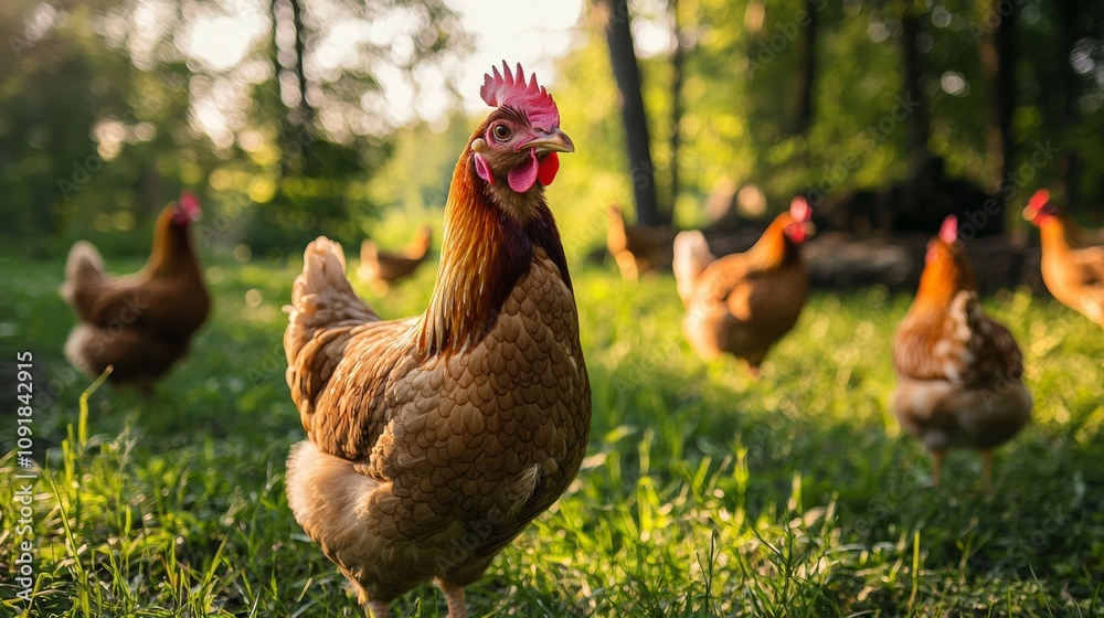 Fototapeta premium Free-range chickens grazing in a green outdoor setting