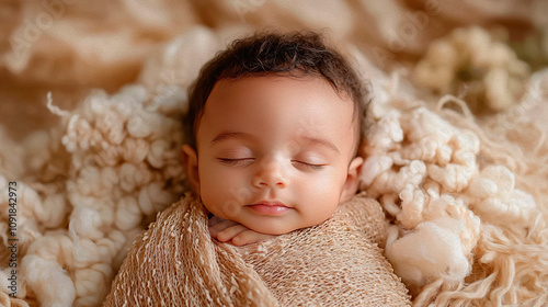 bebé recién nacido afroamericano negro dormido sobre cobija de lana beige photo