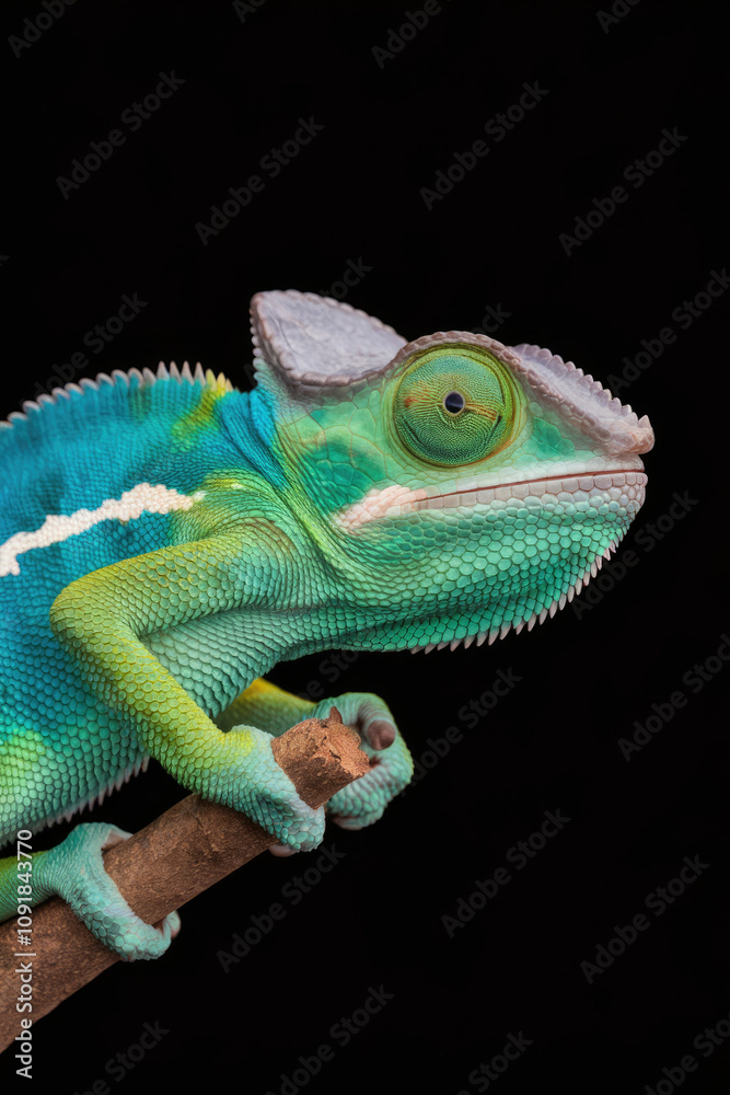 Fototapeta premium A green and blue chameleon is perched on a branch. The chameleon has a green head and a blue body. Black background