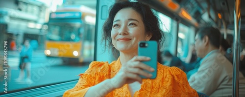 Smiling woman enjoying a bus ride while capturing moments photo