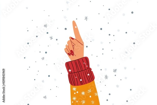 Hand Pointing Up, Wearing Sweater, Surrounded by Snowflakes on White Background