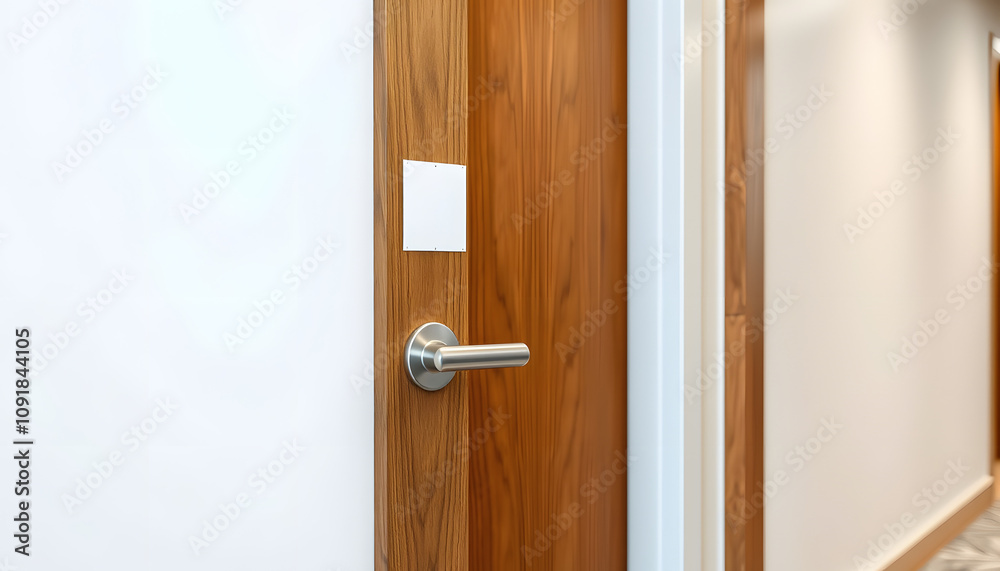 Fototapeta premium Paper blank label as mockup on door handle at the hotel. Wooden pine door and white long sheet with space for text isolated with white highlights, png
