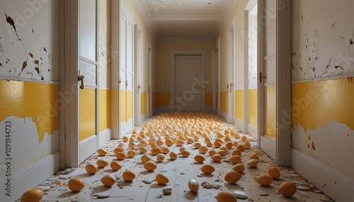 A passage lined with cracked eggshells, crunching underfoot, revealing pale yolk-covered doors, Generative AI