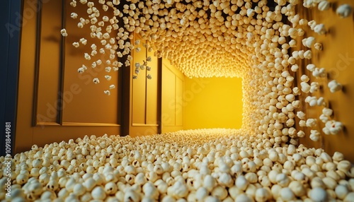 A tunnel of popcorn kernels, popping sporadically, leading to a buttery, golden-colored door, Generative AI