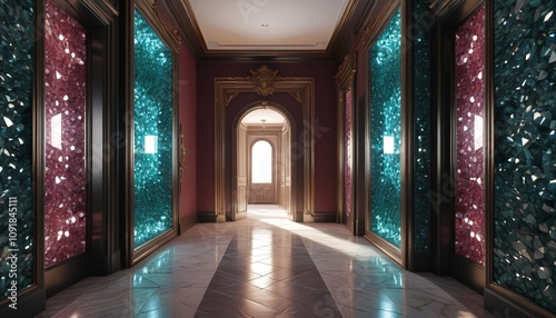 A hallway of glittering gemstones, sharp and cold, casting eerie reflections, ending in a massive quartz door, Generative AI