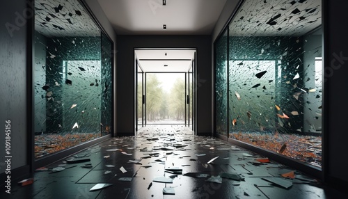 A hallway crafted from jagged shards of shattered screens, emitting static hums, leading to fragmented glass doors, Generative AI