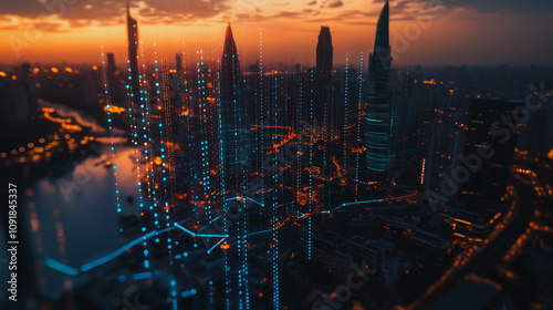 Wallpaper Mural Smart digital Innovation Business skyscrapers in the Financial District with connection network reciprocity over the cityscape. of future smart wireless digital city and social media networking

 Torontodigital.ca