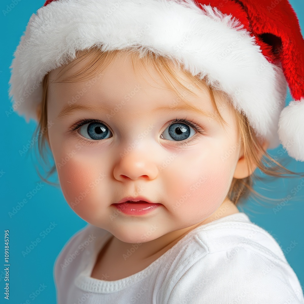 Cute child wearing a vibrant red Santa hat gazes warmly at the viewer, embodying the spirit of Christmas. This delightful scene encapsulates holiday joy and celebration with a simple background Cute child wearing a vibrant red Santa hat gazes warmly at the viewer, embodying the spirit of Christmas. This delightful scene encapsulates holiday joy and celebration with a simple background