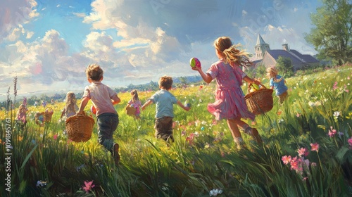 Children Gathering Easter Eggs In A Field