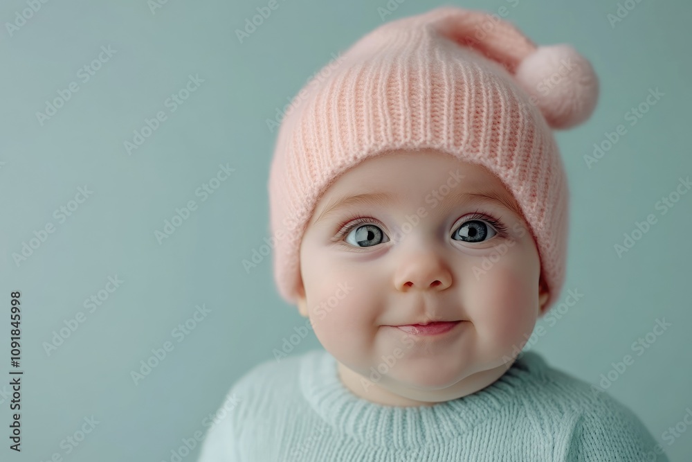 A cherubic baby, possibly a girl, gazes directly at the camera wearing an adorable pale pink knitted hat with fluffy pom-poms. The backdrop is a soft teal color A cherubic baby, possibly a girl, gazes directly at the camera wearing an adorable pale pink knitted hat with fluffy pom-poms. The backdrop is a soft teal color