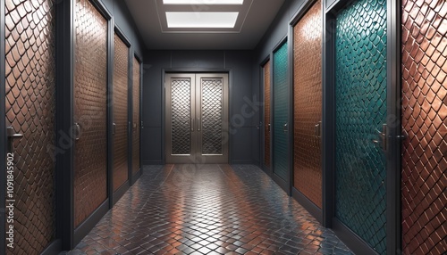 A hallway covered in overlapping scales, their metallic surface gleaming faintly, guiding to reptilian-patterned steel doors, Generative AI